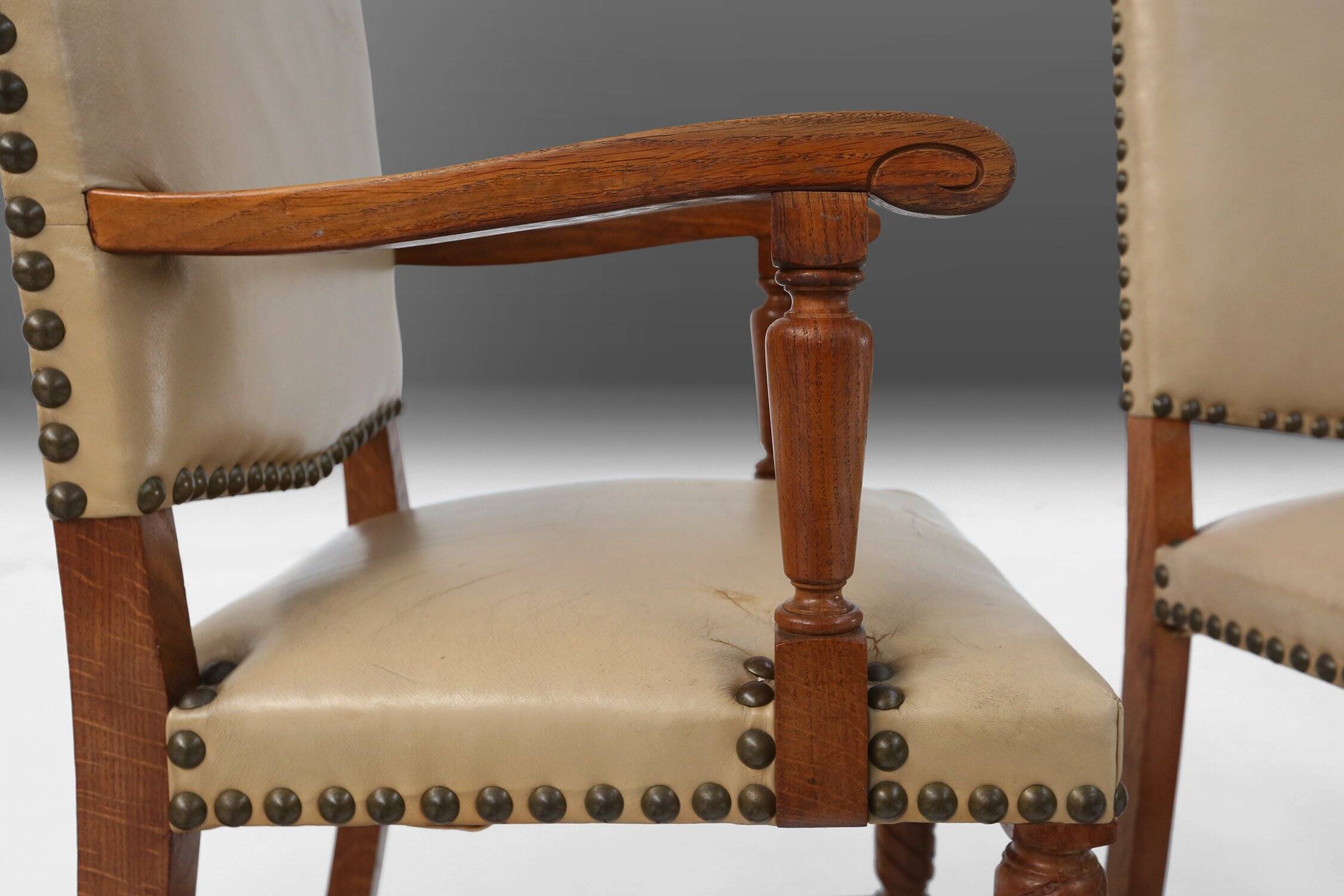 Art Deco Dining Room Chairs in Oak and Leather, 1940s, Set of 8