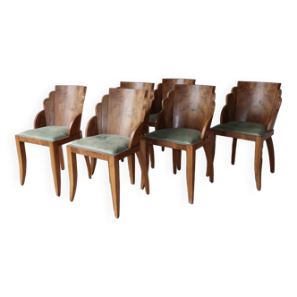 Series of 6 art deco chairs in walnut and leather, 1950