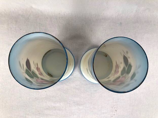 Pair of opaline vases with enameled decoration, late 19th century