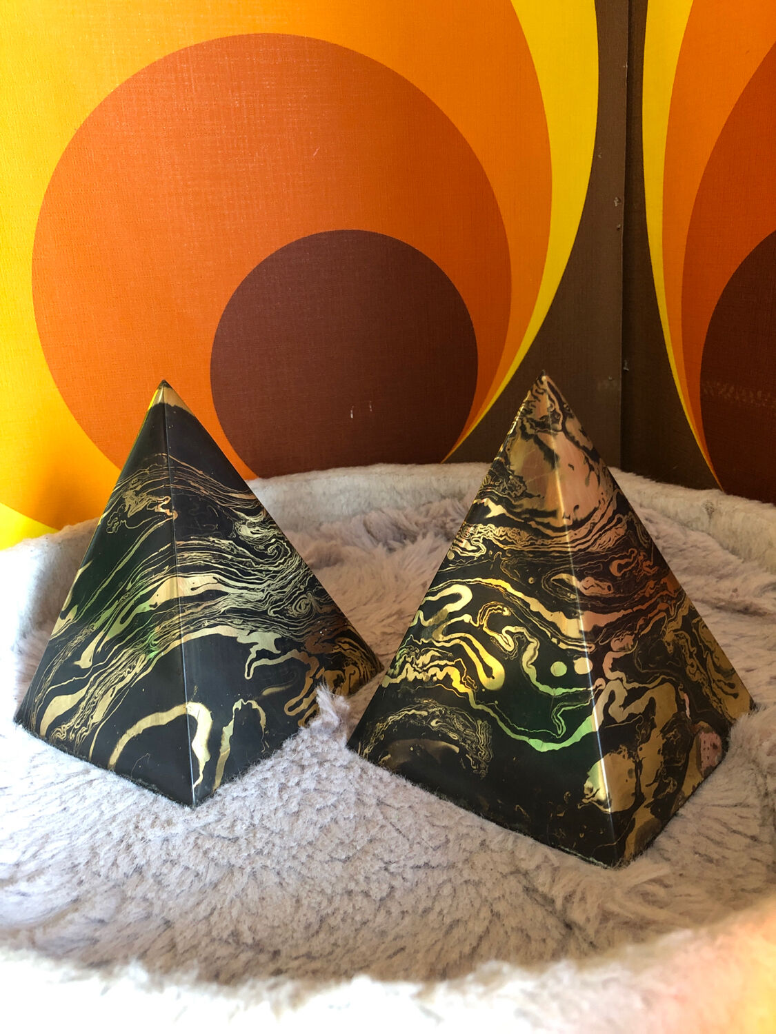 Marbled pyramids art deco bookends