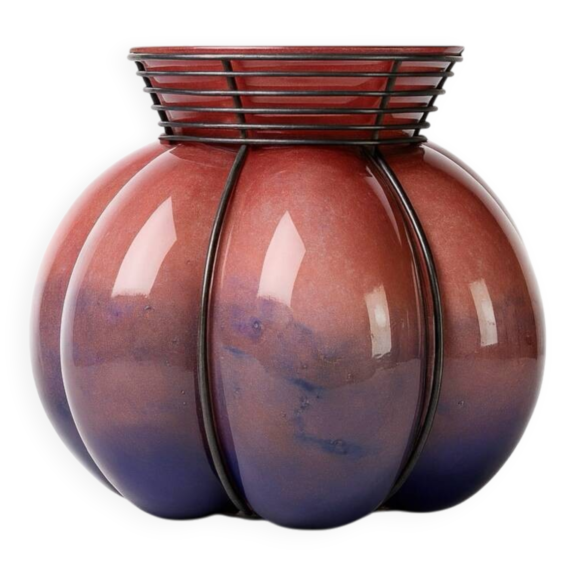 Blown glass vase with metal cage