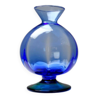 Small vintage crystal globe vase with foot, two-tone blue and green