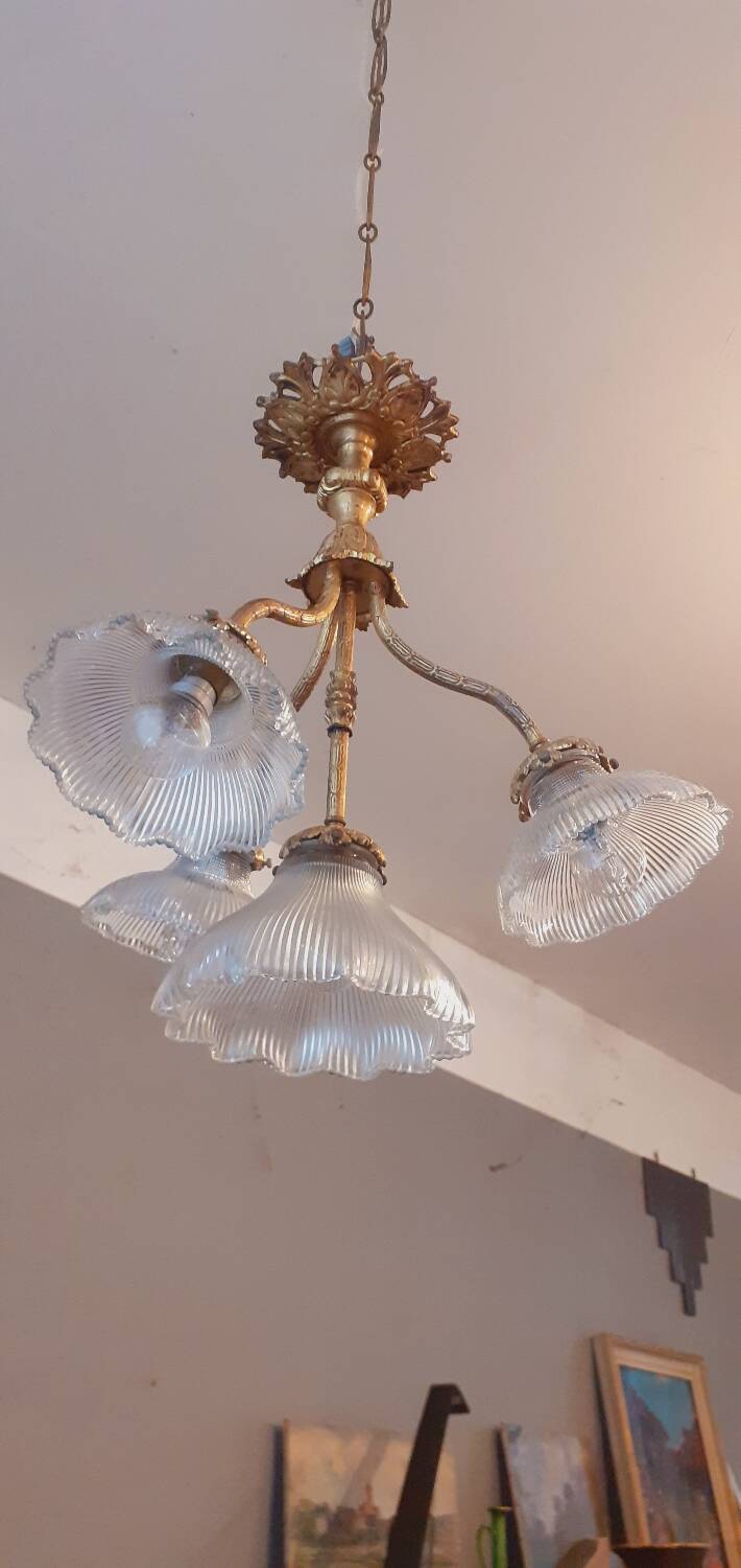 Chandelier in gilded bronze late 19th century around 1900 holophane glassware