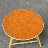 Table basse vintage ronde cuir rotin et bambou