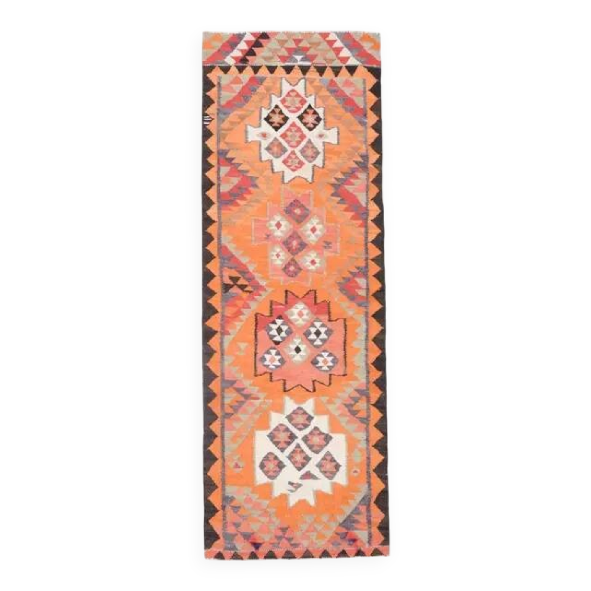 1970s Turkish Oushak Handmade Wool Cotton Orange Runner Rug 95x254