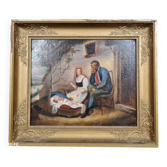 École Napolitaine du XIXème : huile sur toile signée figurant une scène familiale, circa 1820