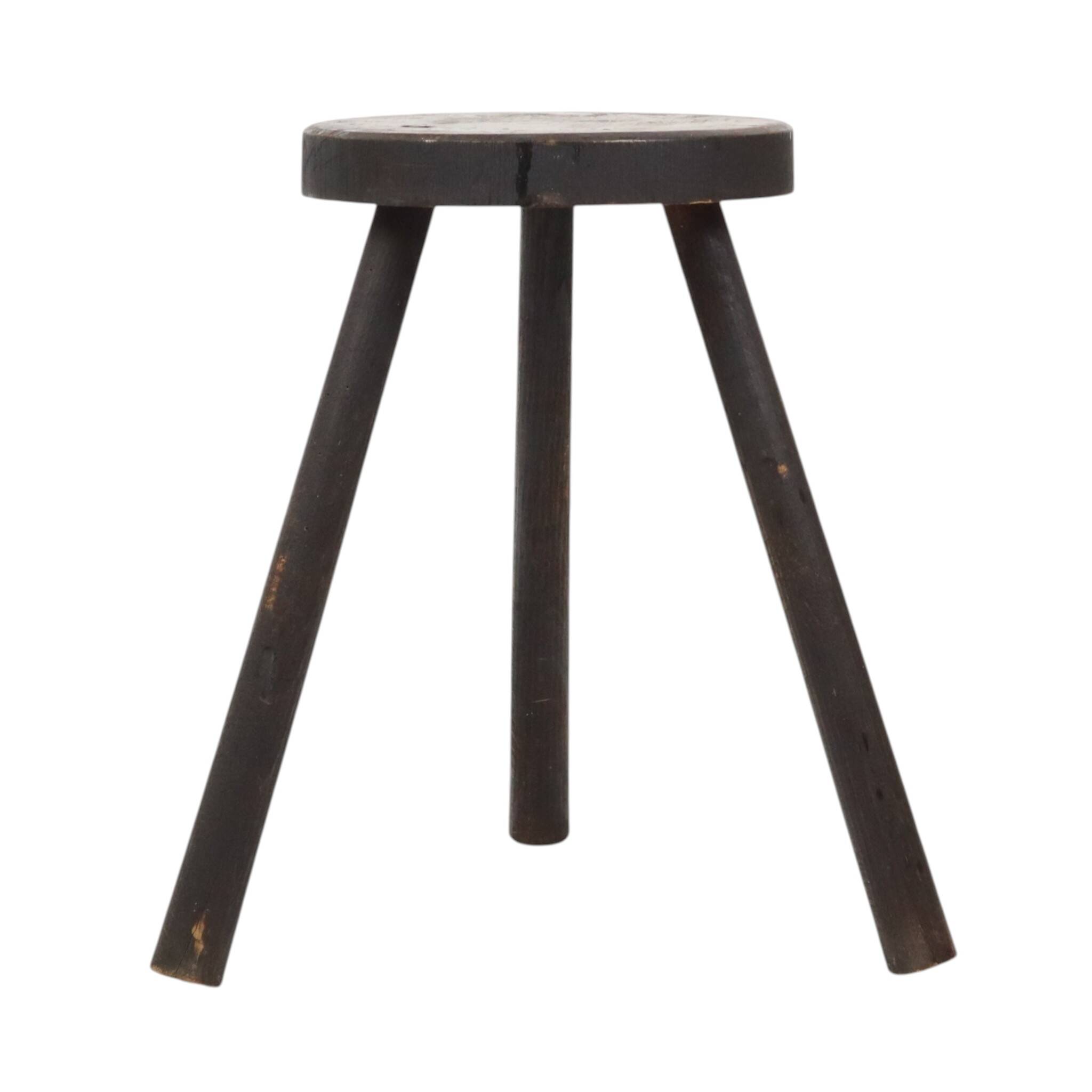 Vintage Rustic Three-Legged Stool, Solid Stained Wood, 45 cm