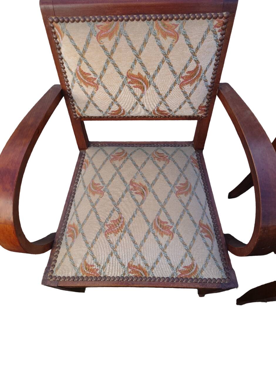 Pair of bridge armchairs in wood and fabric, 1940