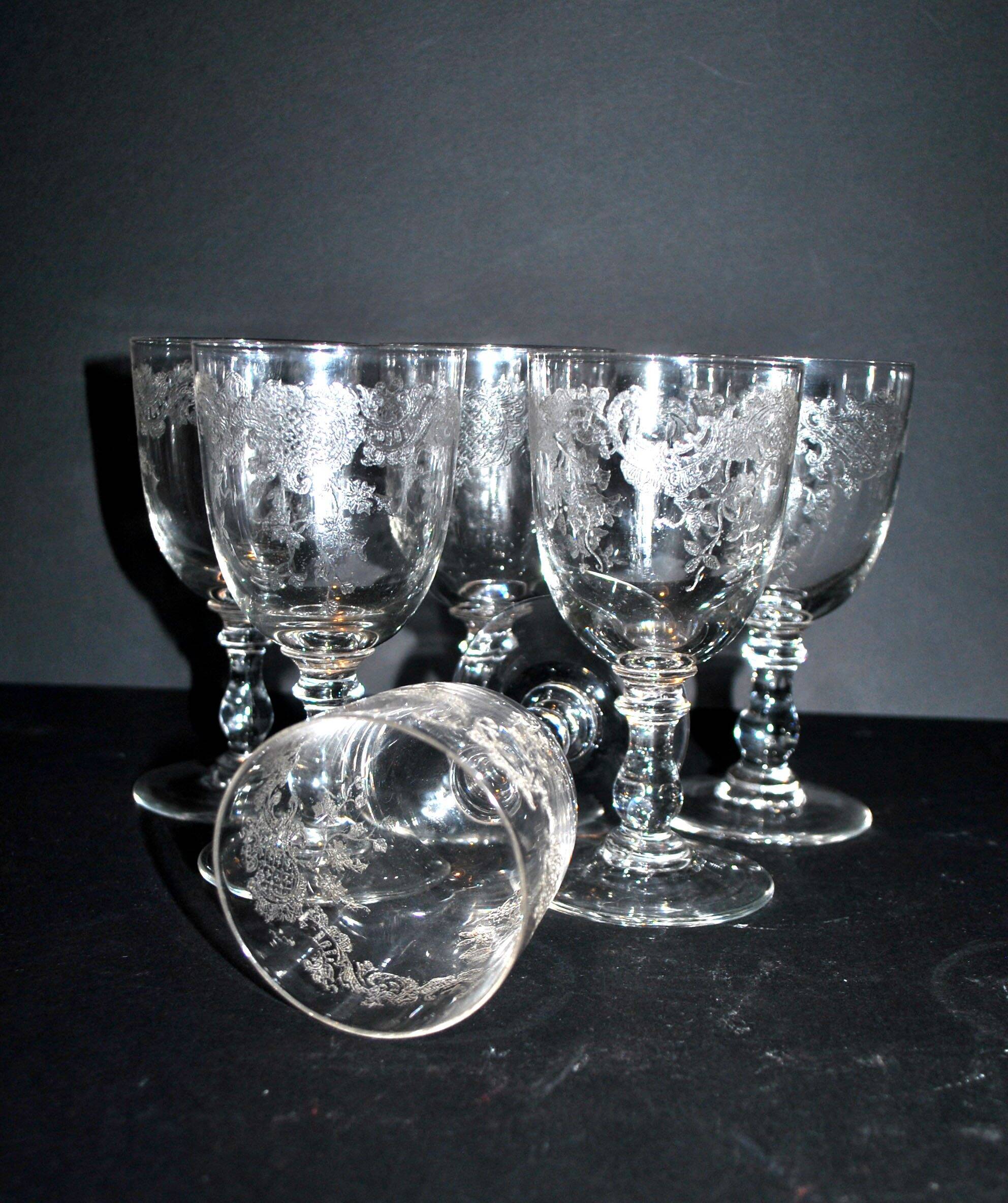 Saint-Louis set of 6 antique glasses with acid-etched rocaille and flower decoration 1920-30