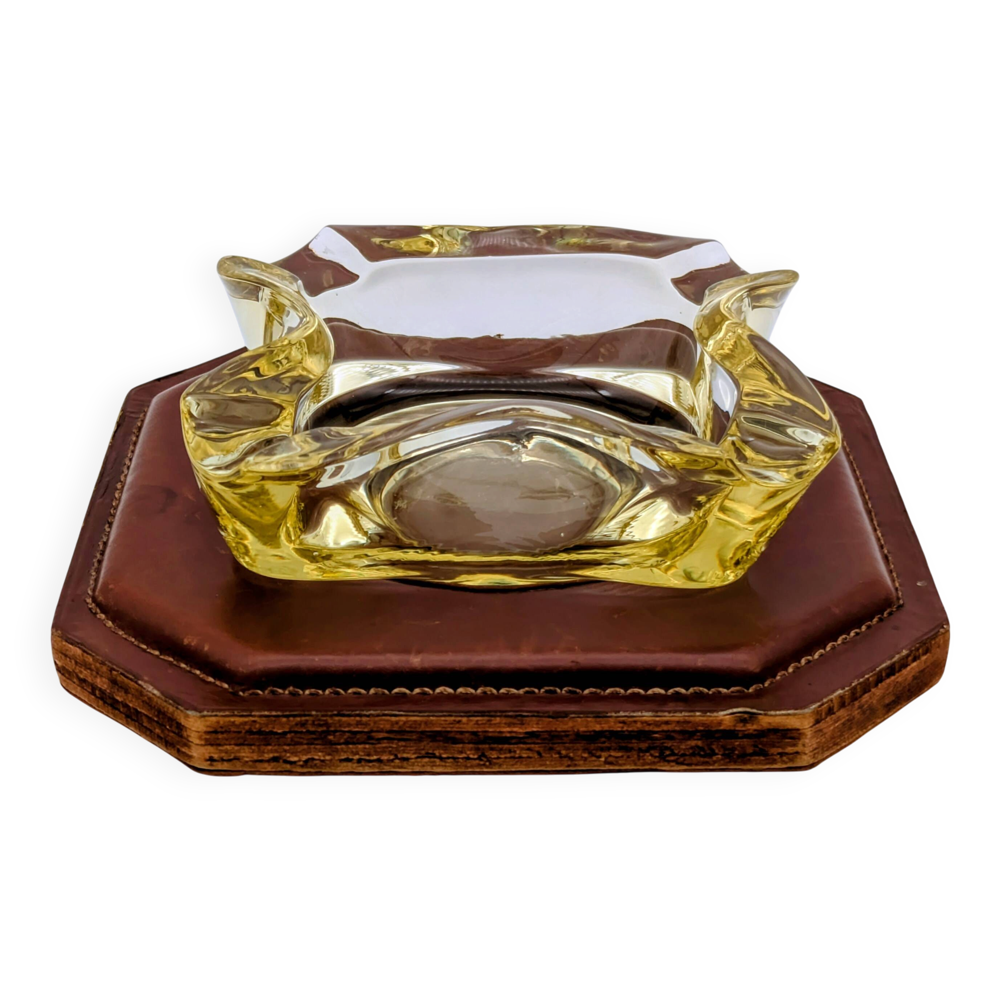 Ashtray / Catch-all Mid-Century Solid Glass Murano Style & Leather 1960
