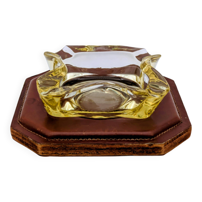 Cendrier / Vide-poche Mid-Century Verre Massif Style Murano & Cuir 1960