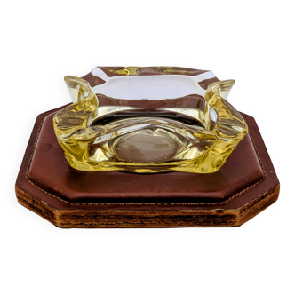 Ashtray / Catch-all Mid-Century Solid Glass Murano Style & Leather 1960