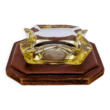 Cendrier / Vide-poche Mid-Century Verre Massif Style Murano & Cuir 1960