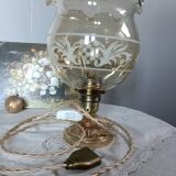 Table lamp with bronze base, round globe with amber and granite ruffles, retro chic