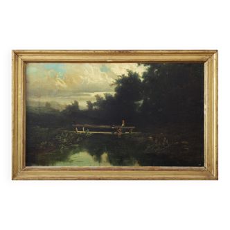 <paysage avec des ponts et des gens>, peintre italien du 19ème siècle