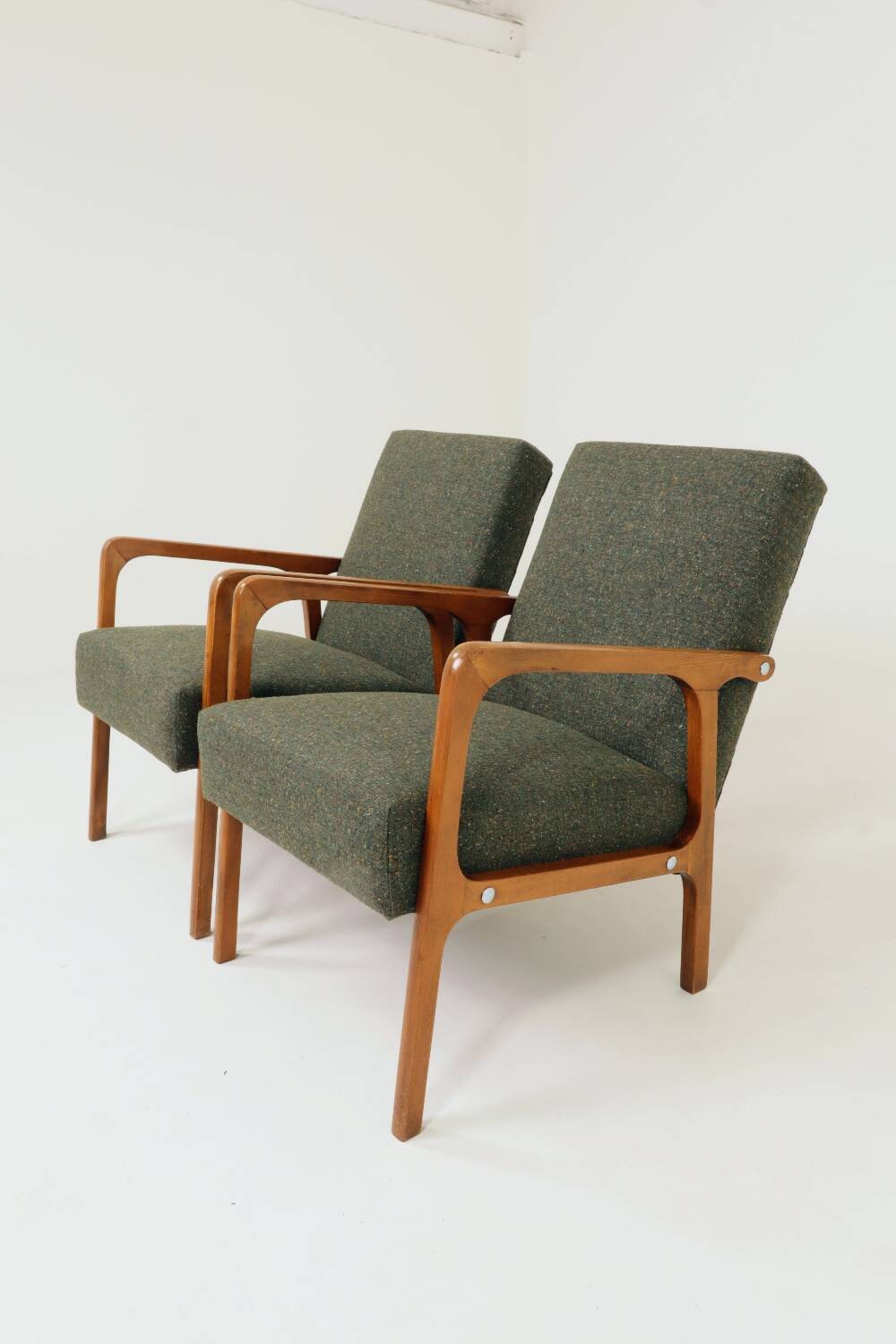Vintage Pair Armchair Avocado Green Tweed Upholstery, 1960, Poland