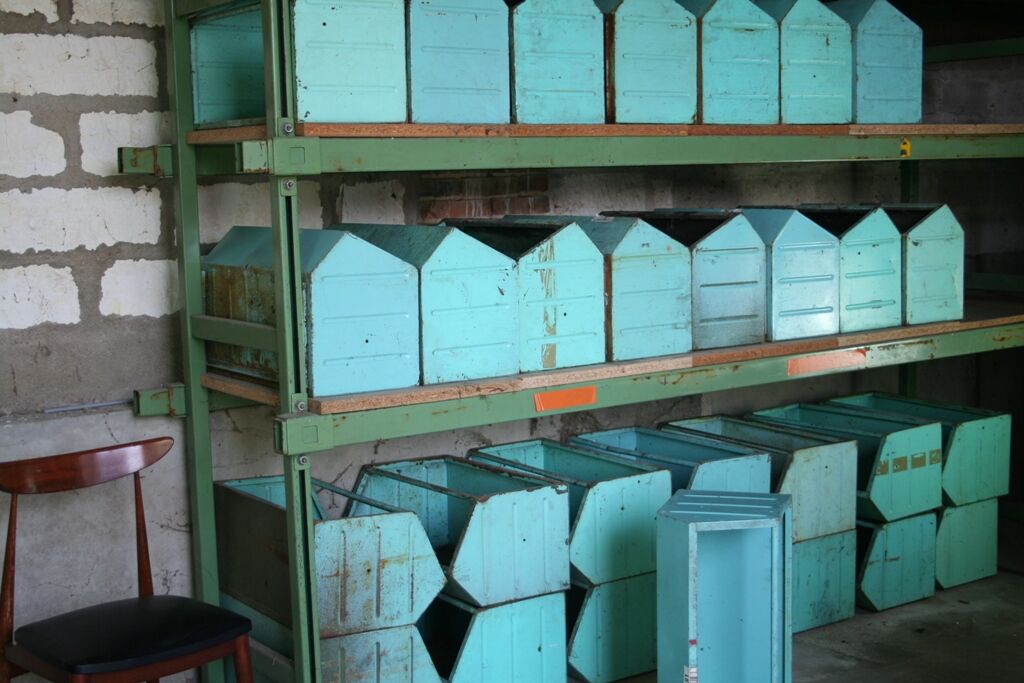 Industrial craft furniture bin storage locker stackable 1950