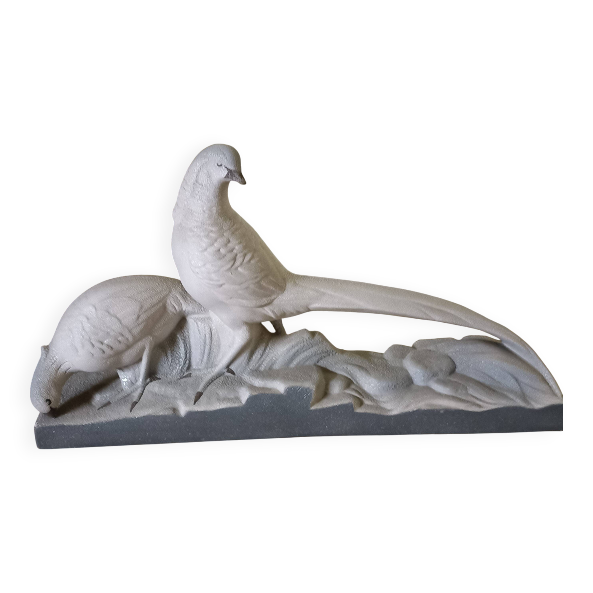 Art Deco ceramic, pair of pheasants in cracked earthenware on wooden base