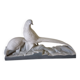 Art Deco ceramic, pair of pheasants in cracked earthenware on wooden base