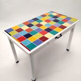 Vintage table rectangular multicolored tiles and white base