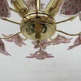 Chandelier with mourn glass pink flowers , 1970s