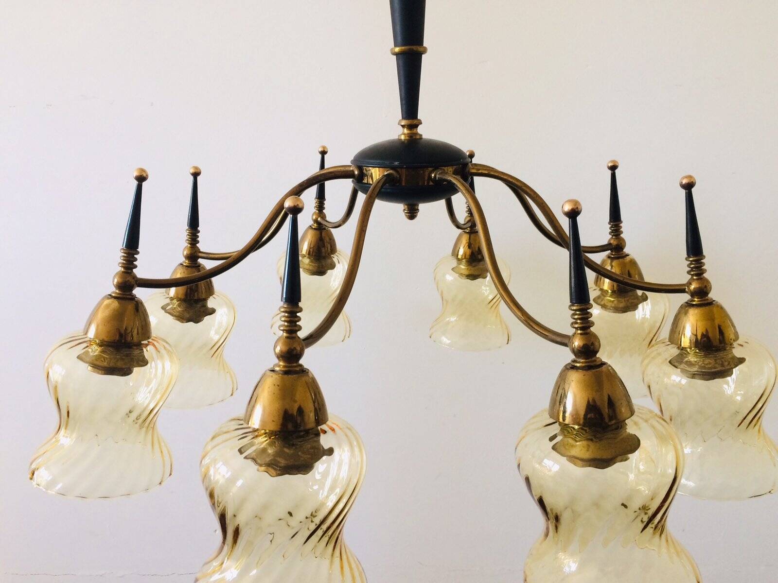 Atomic Age Design Brass and Glass Chandelier, 1950s