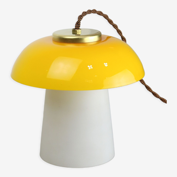 Mid-century yellow glass and brass mushroom table lamp