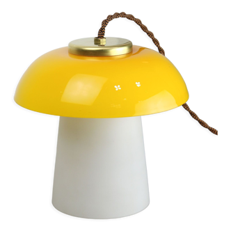 Mid-century yellow glass and brass mushroom table lamp