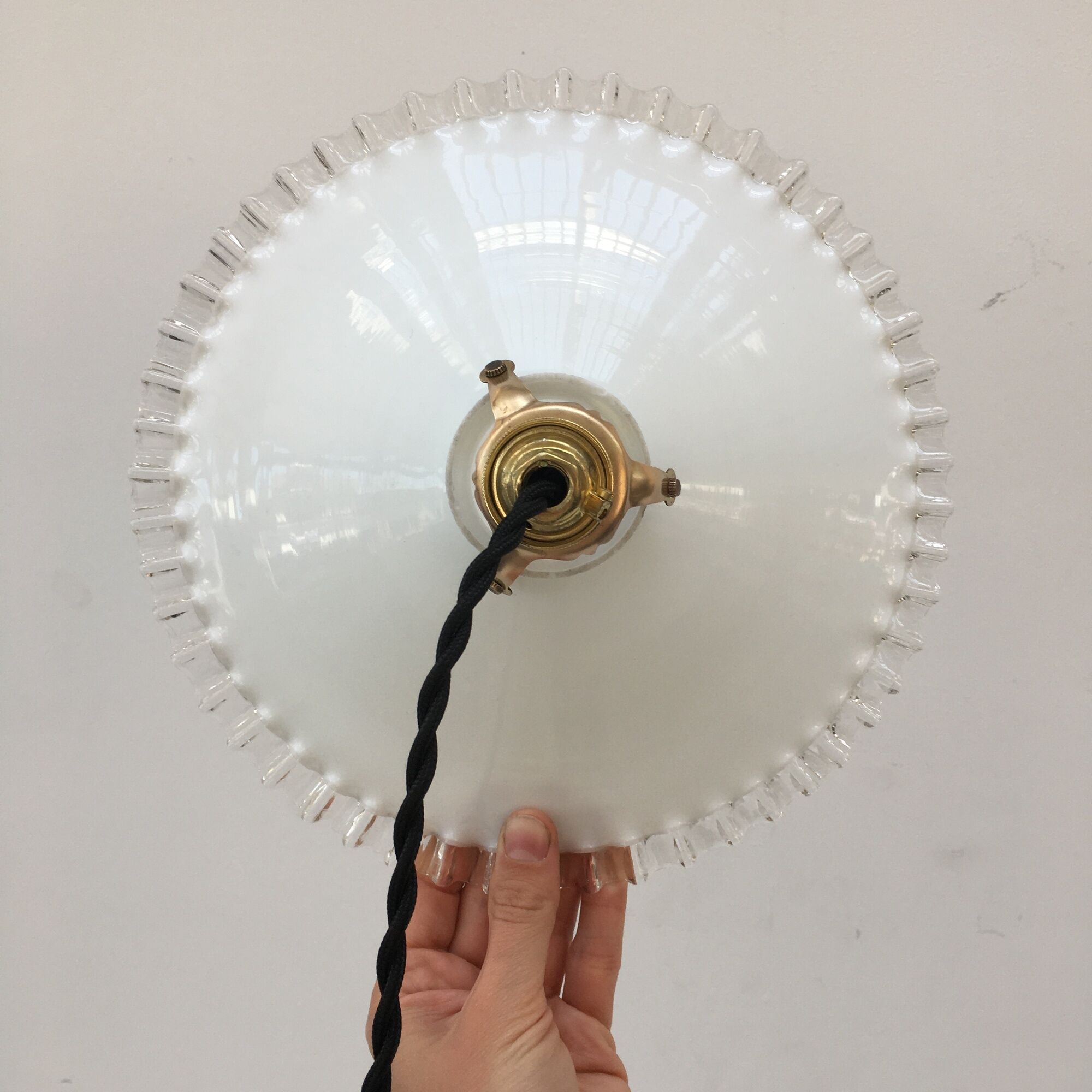 Pairs of vintage suspensions in white opaline with serrated edges