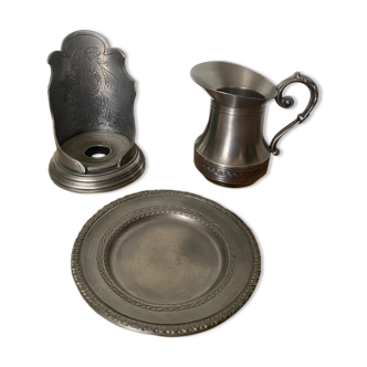 Candle holder, plate, tin vase