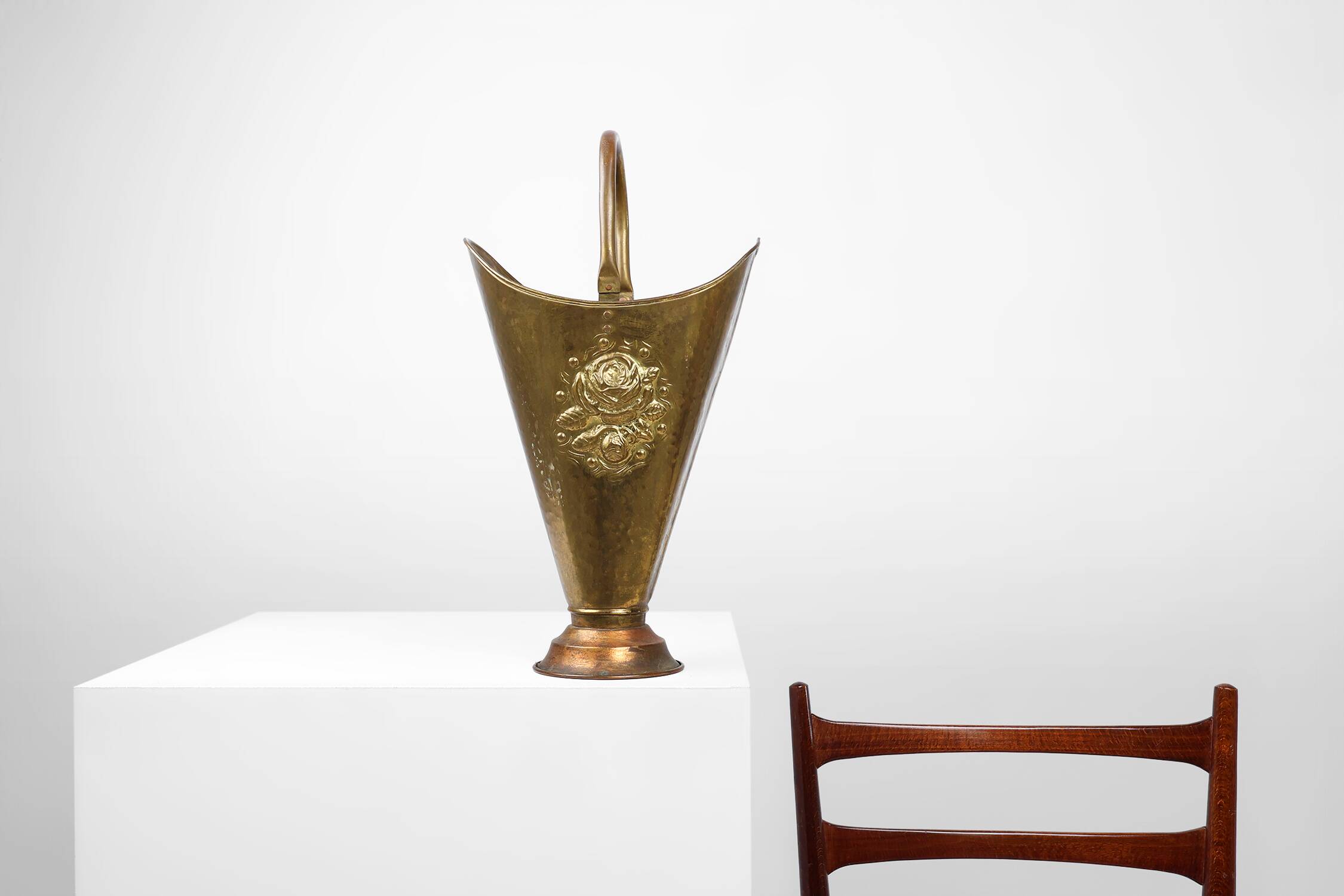 French vintage rustic brass and copper base umbrella stand with embossed decoration