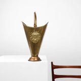 French vintage rustic brass and copper base umbrella stand with embossed decoration