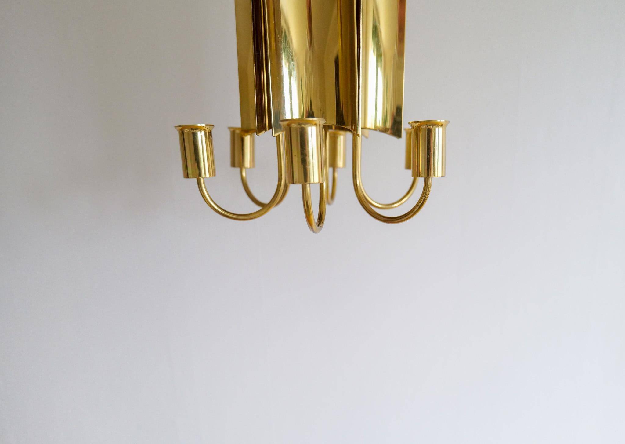 Modern mid-century brass chandelier Reflex Pierre Forssell Skultuna, Sweden
