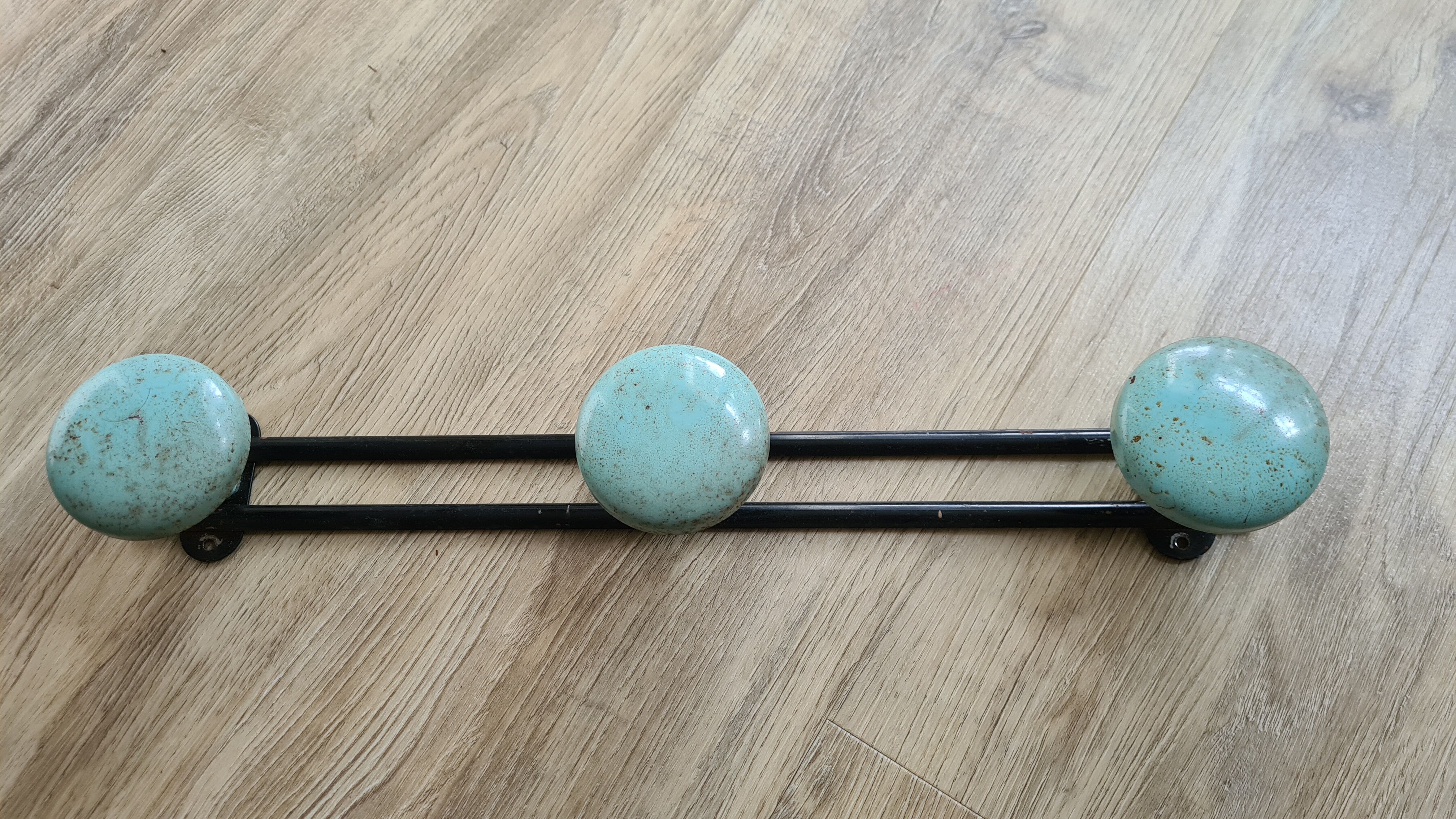 Old metal wall coat rack with 3 blue hooks / 50s-60s / vintage