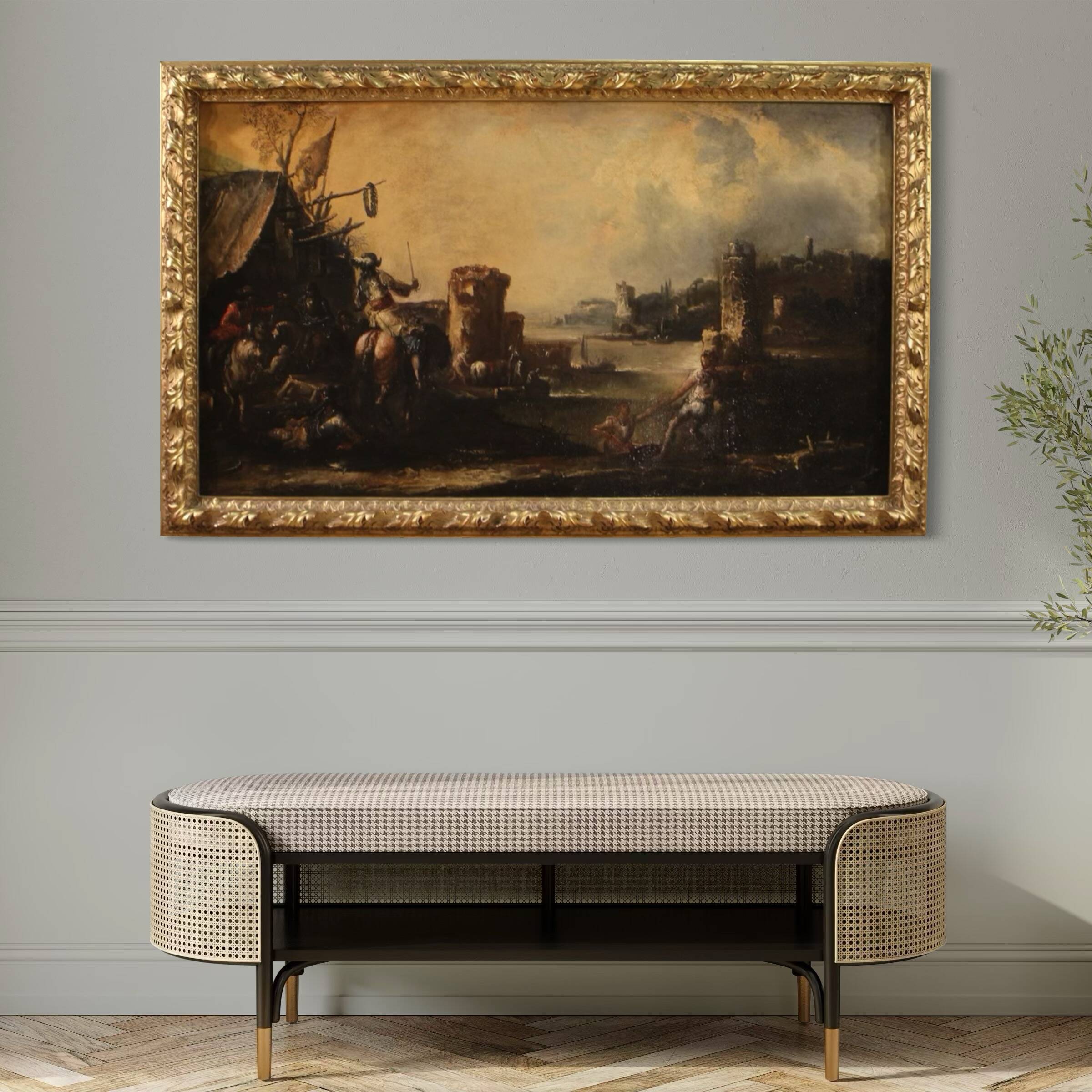 Great 18th century painting landscape with knights