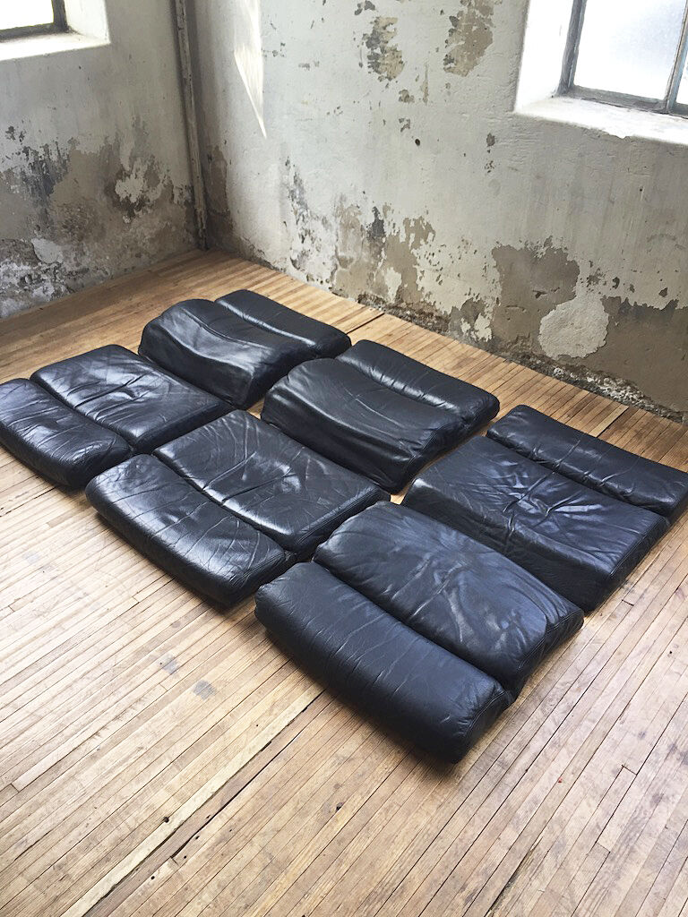 Danish sofa and armchairs curved wood and leather