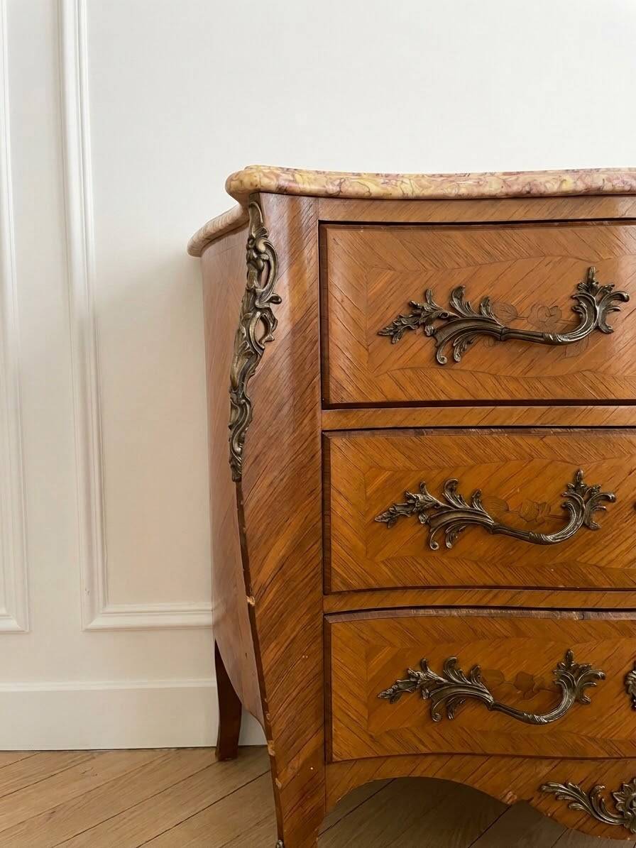 Louis XV style commode in marquetry and marble