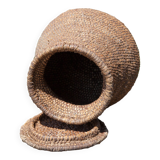 Old basket, burgundy straw and bramble with lid, woven basket