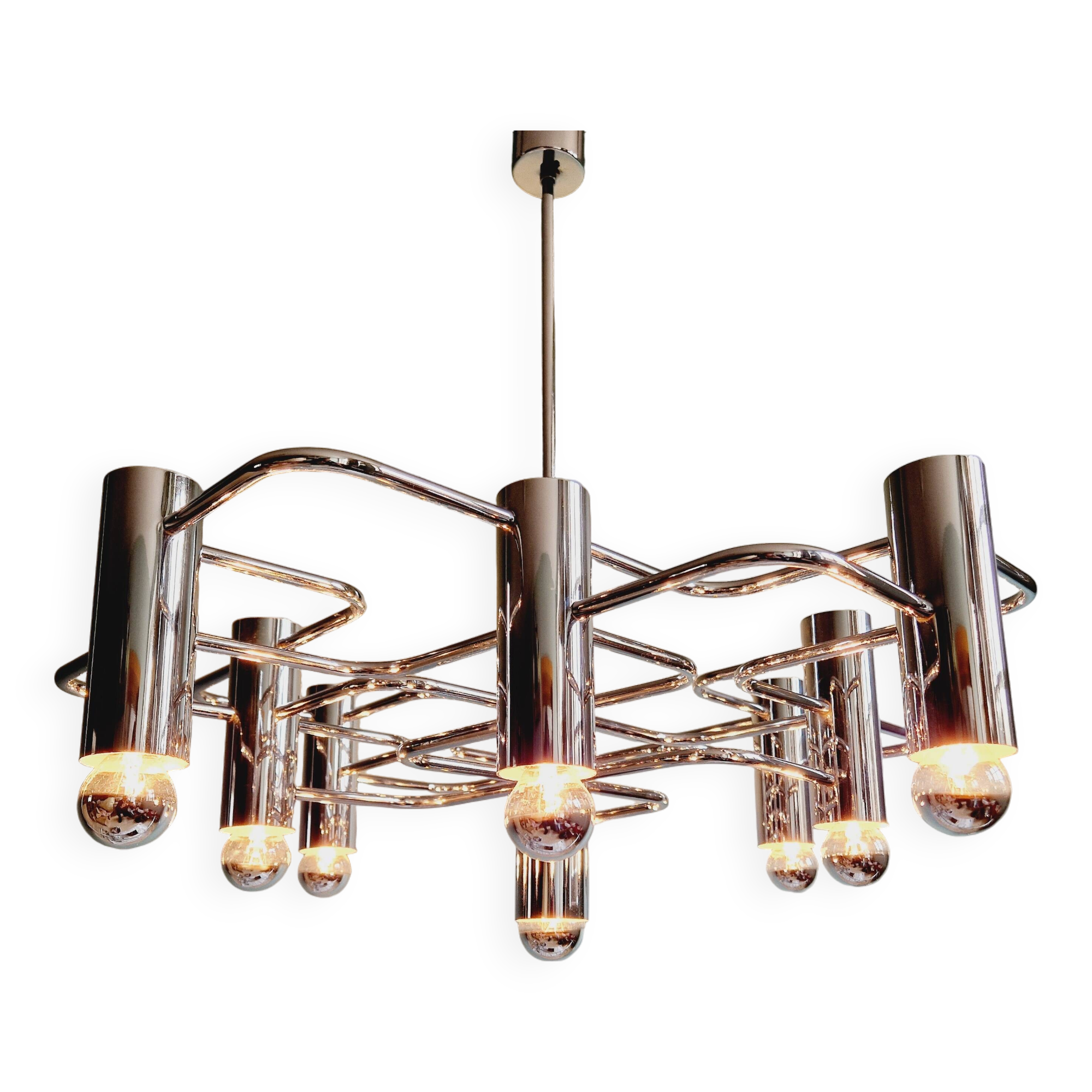 Chromed metal chandelier, design Gaetano Sciolari, 70s