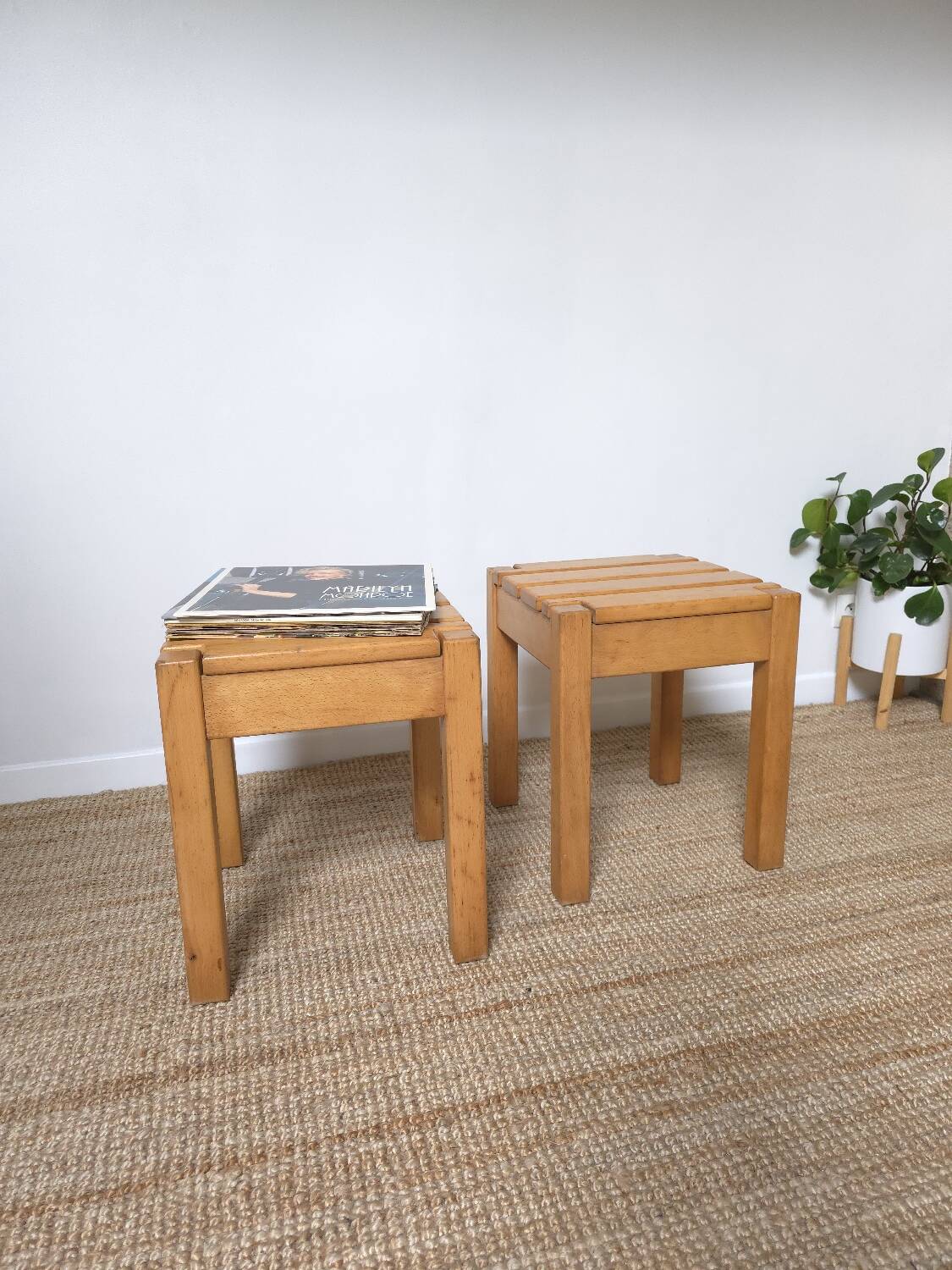 2 solid beech wood stools 1980