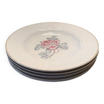Lot de 4 assiettes creuses HBCM Creil et Montereau bleu Pastel motif rose
