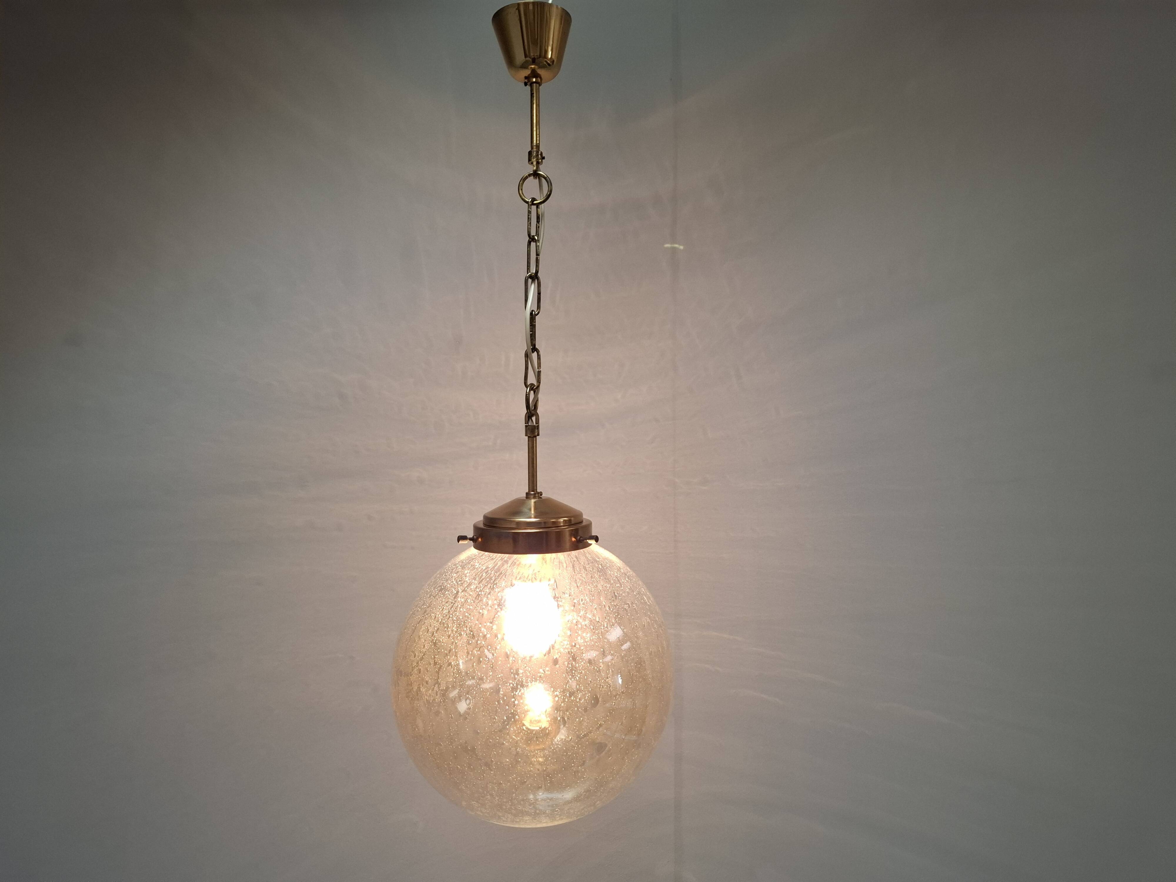 Midcentury Brass and Smoked Bubble Glass Pendant by Kamenický Šenov, 1960s