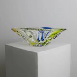 Large Murano Glass Bowl in Clear with Blue & Yellow Swirls – Oval Vintage Italian Design (1970s)