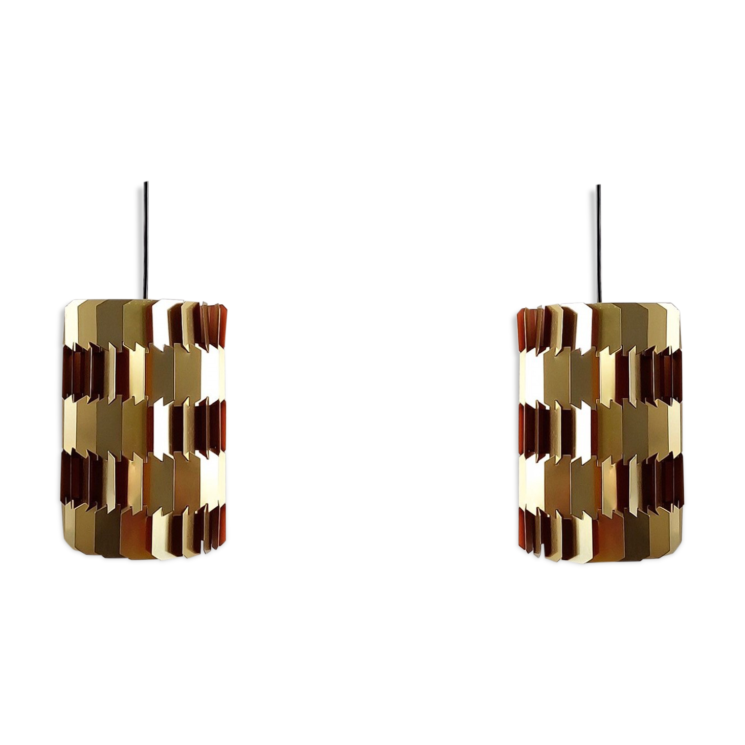 Set of 2 gold and orange 'Facet-pop' pendant lamps by Louis Weisdorf for Lyfa, Denmark 1960's