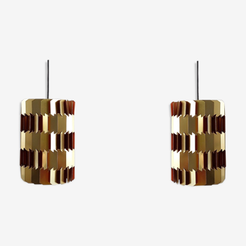 Set of 2 gold and orange 'Facet-pop' pendant lamps by Louis Weisdorf for Lyfa, Denmark 1960's