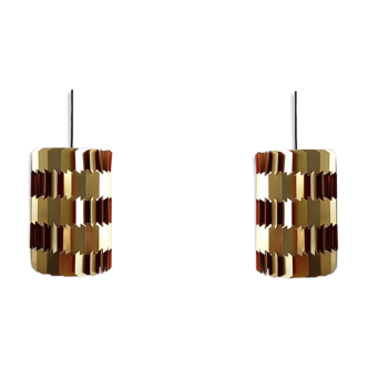 Set of 2 gold and orange 'Facet-pop' pendant lamps by Louis Weisdorf for Lyfa, Denmark 1960's