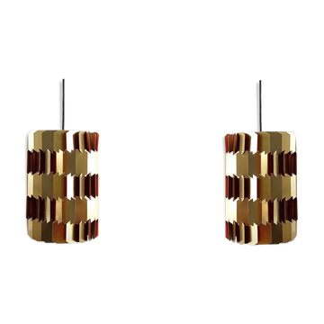 Set of 2 gold and orange 'Facet-pop' pendant lamps by Louis Weisdorf for Lyfa, Denmark 1960's