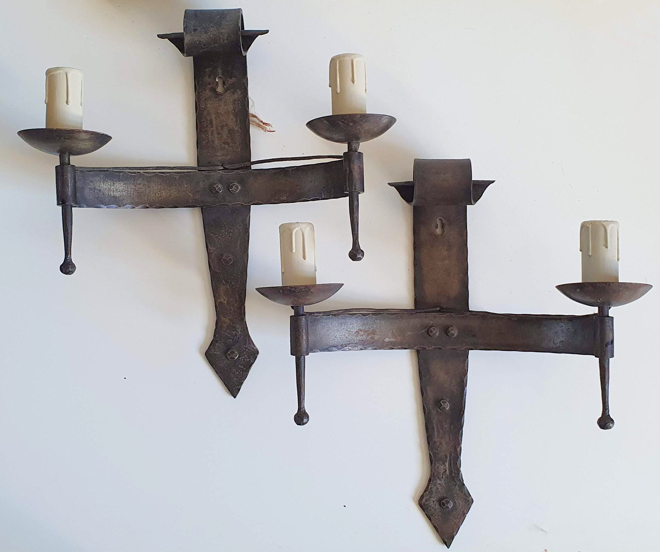 Duo of wrought iron wall lamps by Jean Touret Atelier Marolles