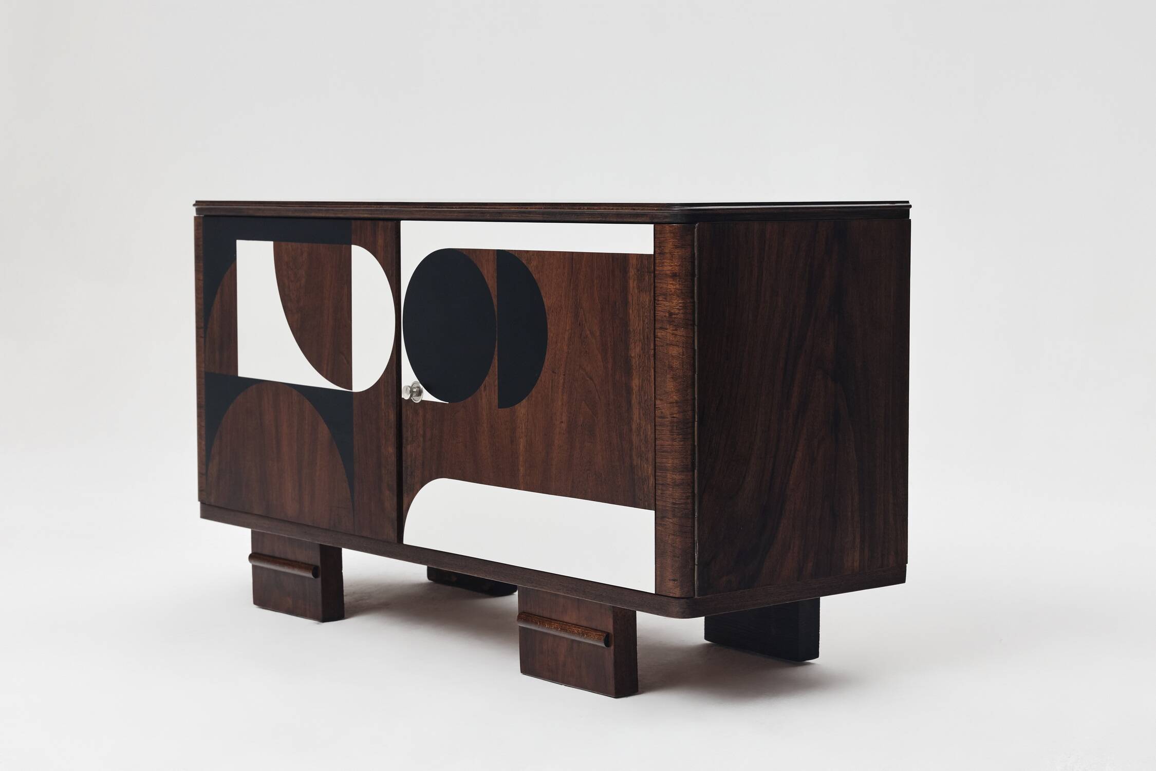 1950s Vintage Sideboard, Modernist, Walnut, Geometric Op Art Pattern