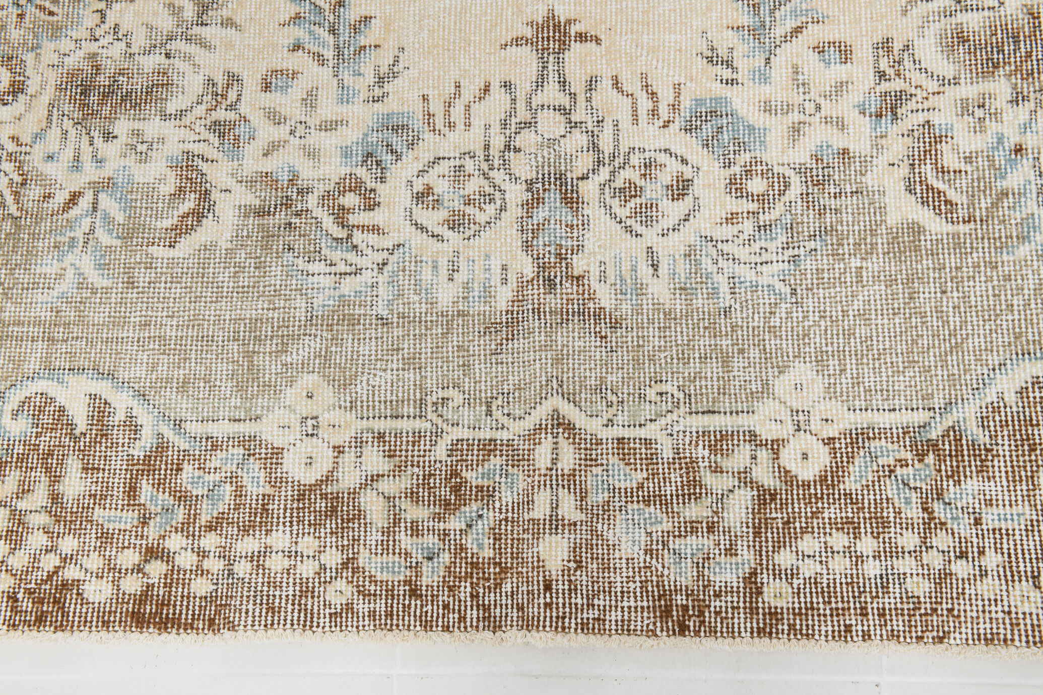 Handmade beige & brown floral  vintage rug